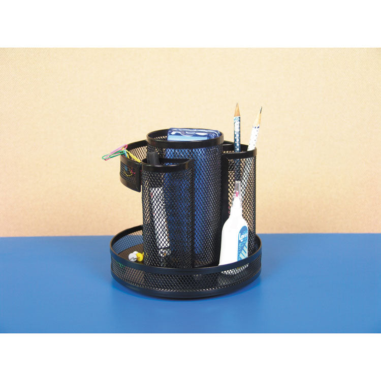 Metal Mesh Rotating Desktop Organizer, 8 Compartments, Metal Mesh, 6.5" Diameter x 6.13"h, Black