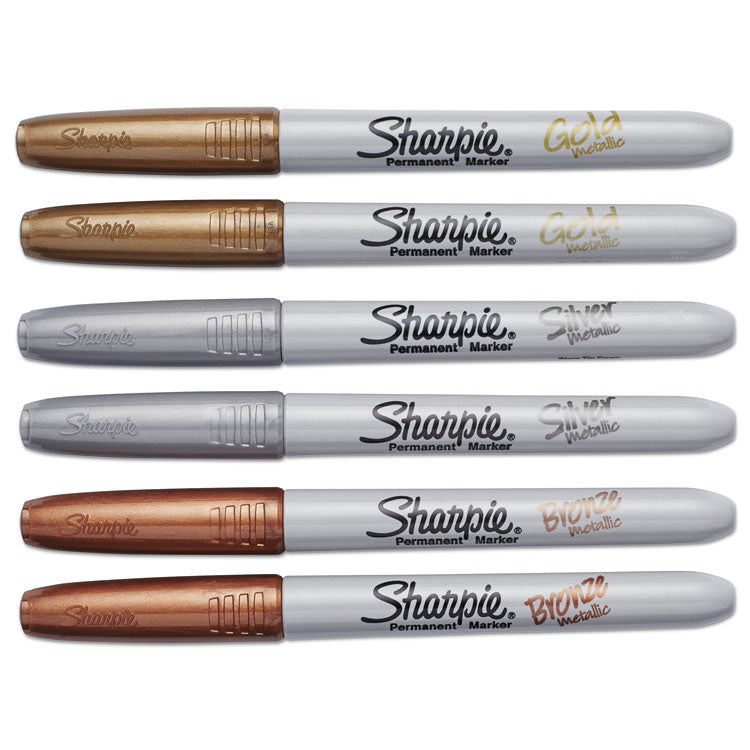 Metallic Fine Point Permanent Markers, Fine Bullet Tip, Gold-Silver-Bronze, 6/pack