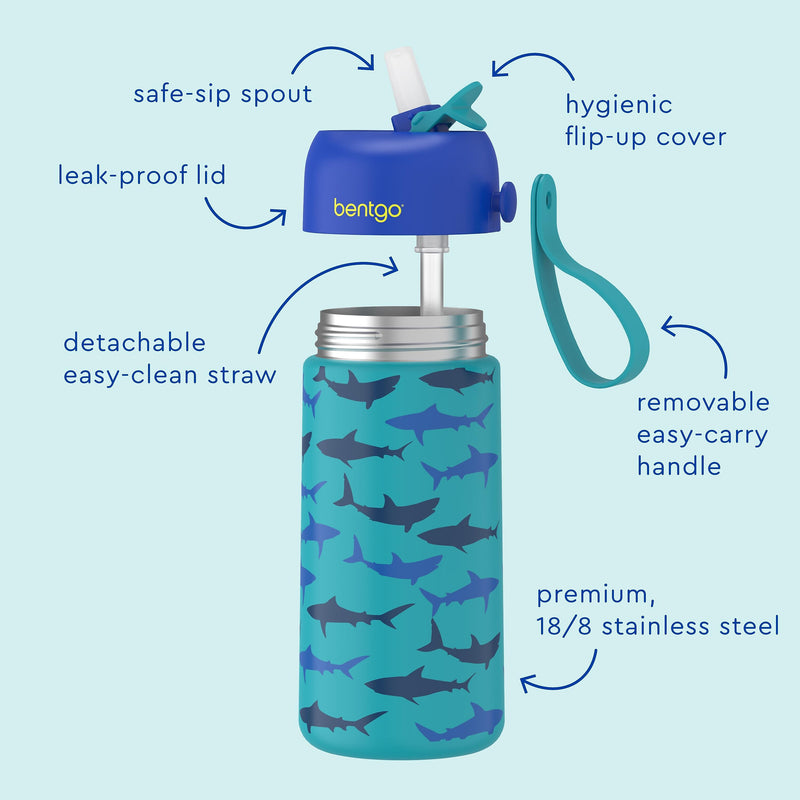 bentgo Stainless Steel Double Wall Insulated Water Bottle, 14 oz., Shark (BGKSTBL-SHK)