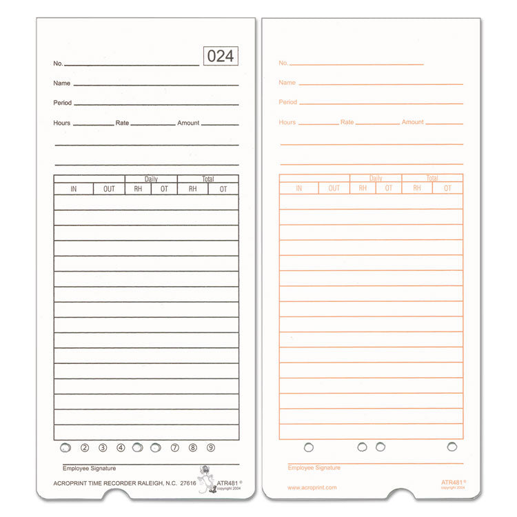 Time Clock Cards For Acroprint Atr480, Two Sides, 7.5 X 3.35, 50/pack