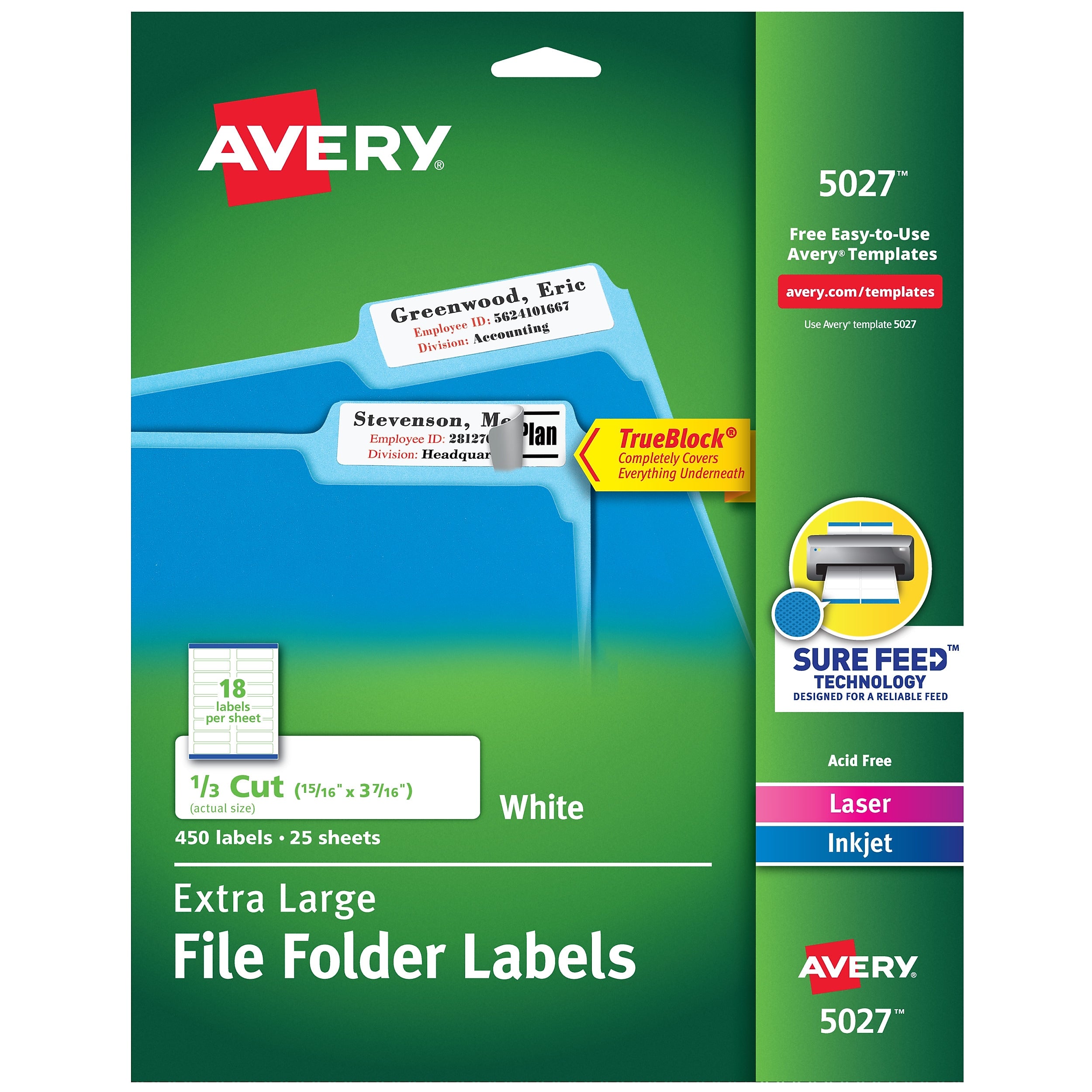 Avery TrueBlock Laser/Inkjet Extra Large File Folder Labels, 15/16" x 3-7/16", White, 450 Labels/Pack (5027)