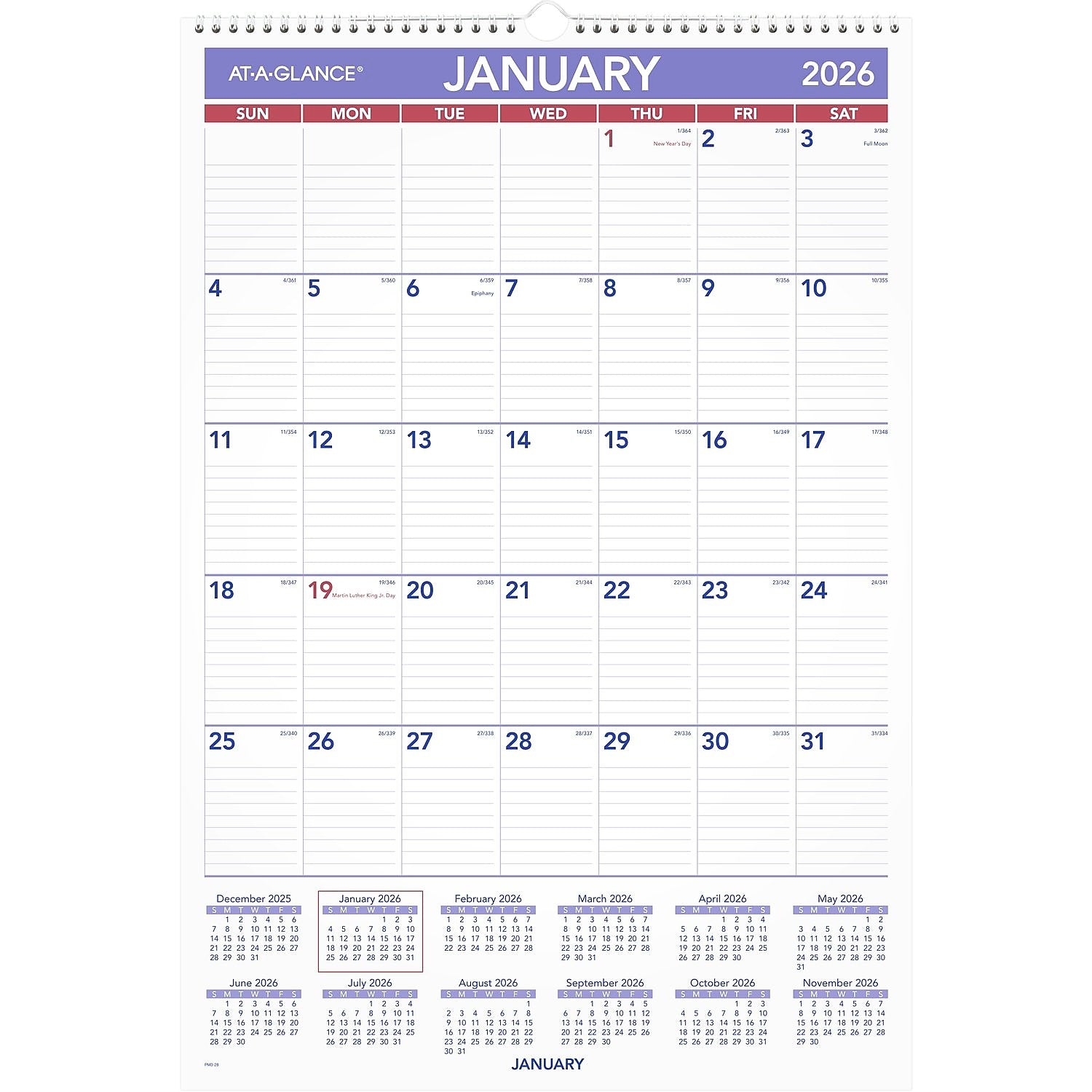 2026 AT-A-GLANCE 15.5" x 22.75" Monthly Wall Calendar, White/Purple (PM3-28-26)
