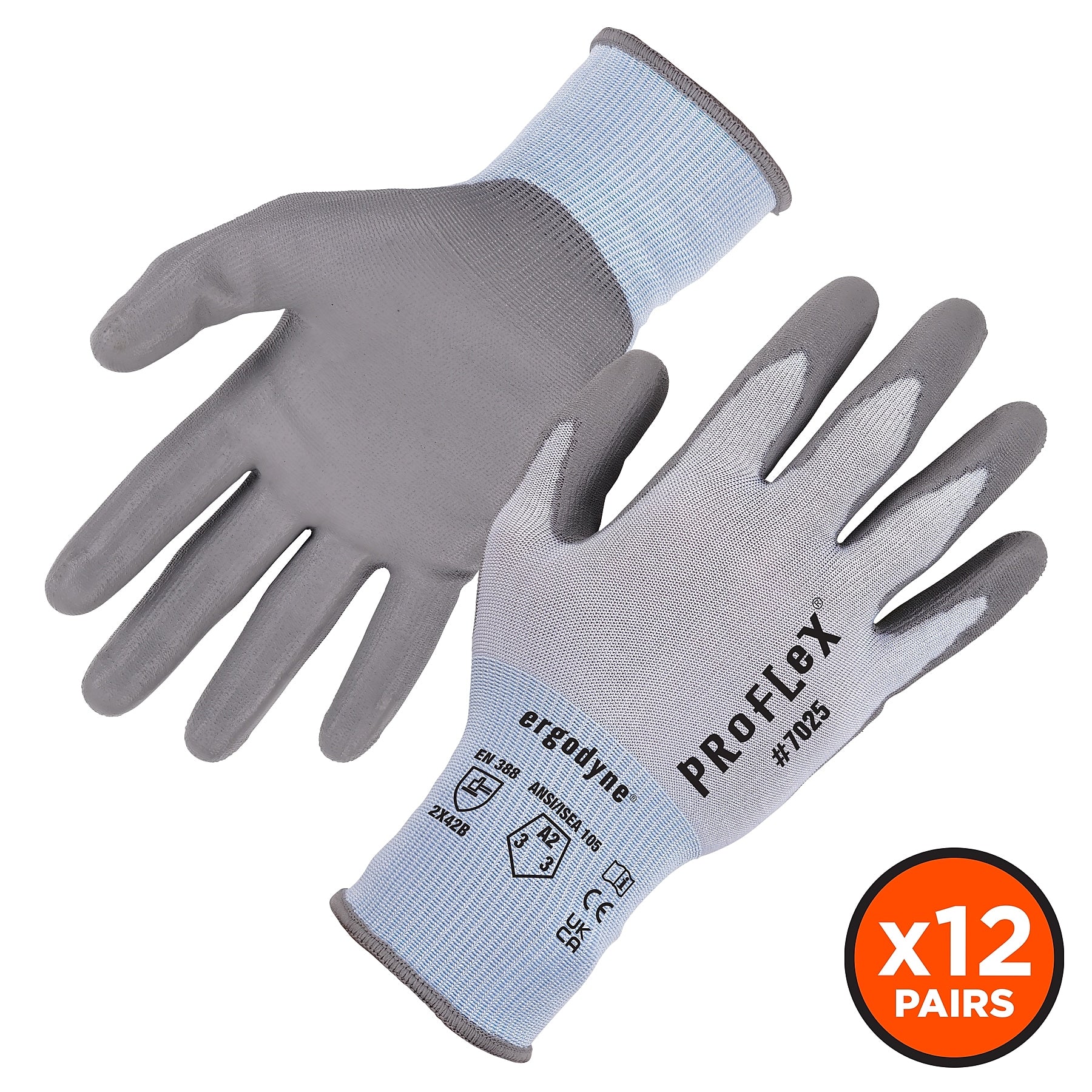 Ergodyne ProFlex 7025 PU Coated Cut-Resistant Gloves, ANSI A2, Blue, Small, 12 Pair (10422)