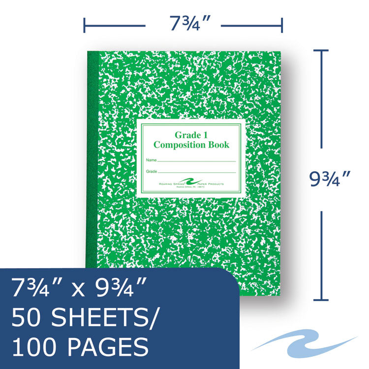 Grade School Ruled Composition Book, Grade 1 Manuscript Format, Green Marble Cover, (50) 9.75 x 7.75 Sheets