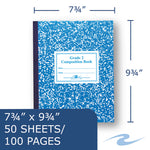 Grade School Ruled Composition Book, Grade 2 Manuscript Format, Blue Marble Cover, (50) 9.75 x 7.75 Sheets