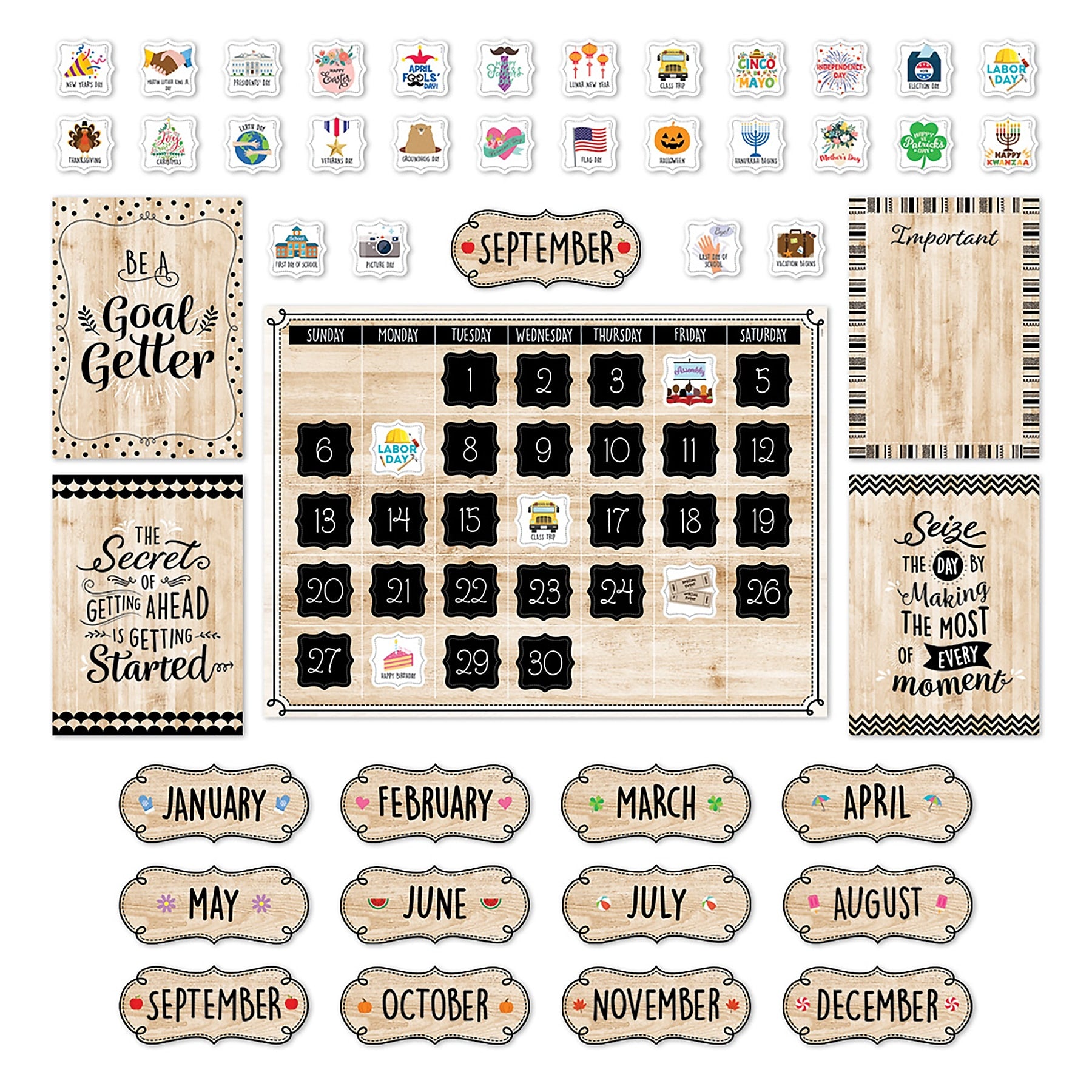 Creative Teaching Press Black, White, and Wood Calendar Set Bulletin Board Set, 87/Set (CTP10920)