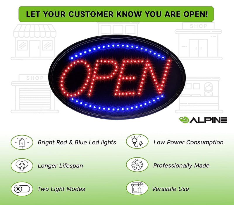 Alpine Industries Open Indoor LED Oval Sign,  23" x 14", 2/Pack (497-02-2PK)