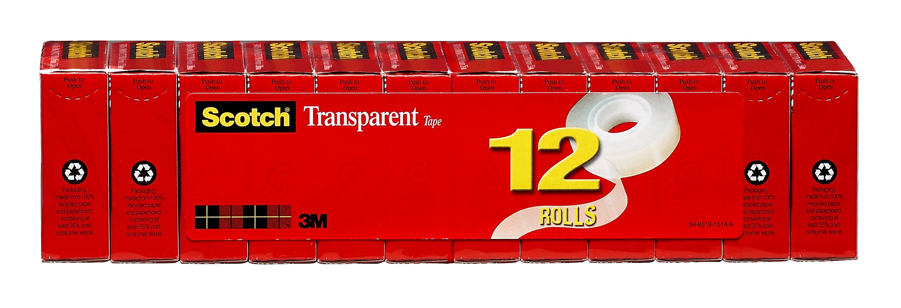 Scotch Transparent Clear Tape Refill, 0.75" x 27.77 yds., 1" Core, Clear, 12 Rolls/Pack (600K12)