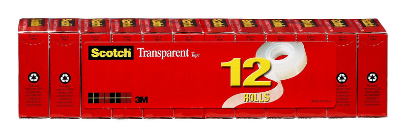 Scotch Transparent Clear Tape Refill, 0.75" x 27.77 yds., 1" Core, Clear, 12 Rolls/Pack (600K12)