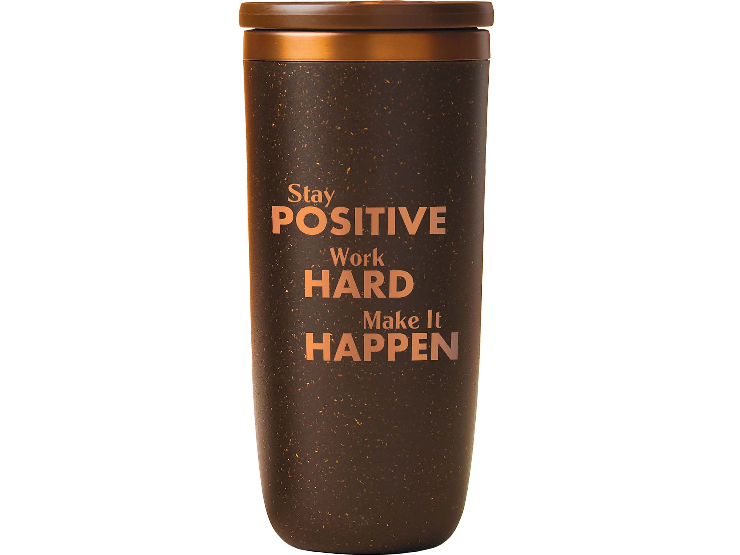 Baudville Cosmic Copper Stay Positive & Work Hard Coffee Tumbler, Brown/Copper, 16 Oz. (93548)