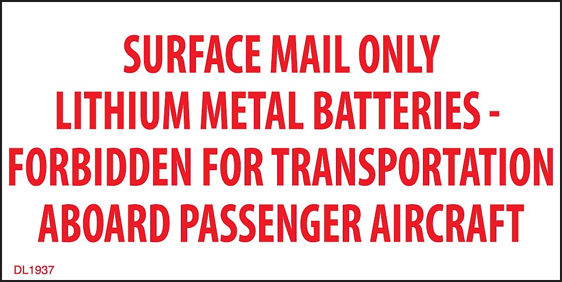 Decker Tape Products DL1937 "SURFACE MAIL ONLY-LITHIUM METAL BATTERIES" Adhesive Label, 2" x 4", White/Red (10000050)