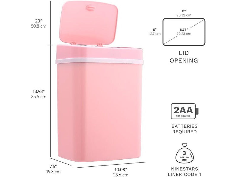 Nine Stars Plastic Sensor Trash Can, 3.2-Gallon, Pink (DZT-12-5PK)