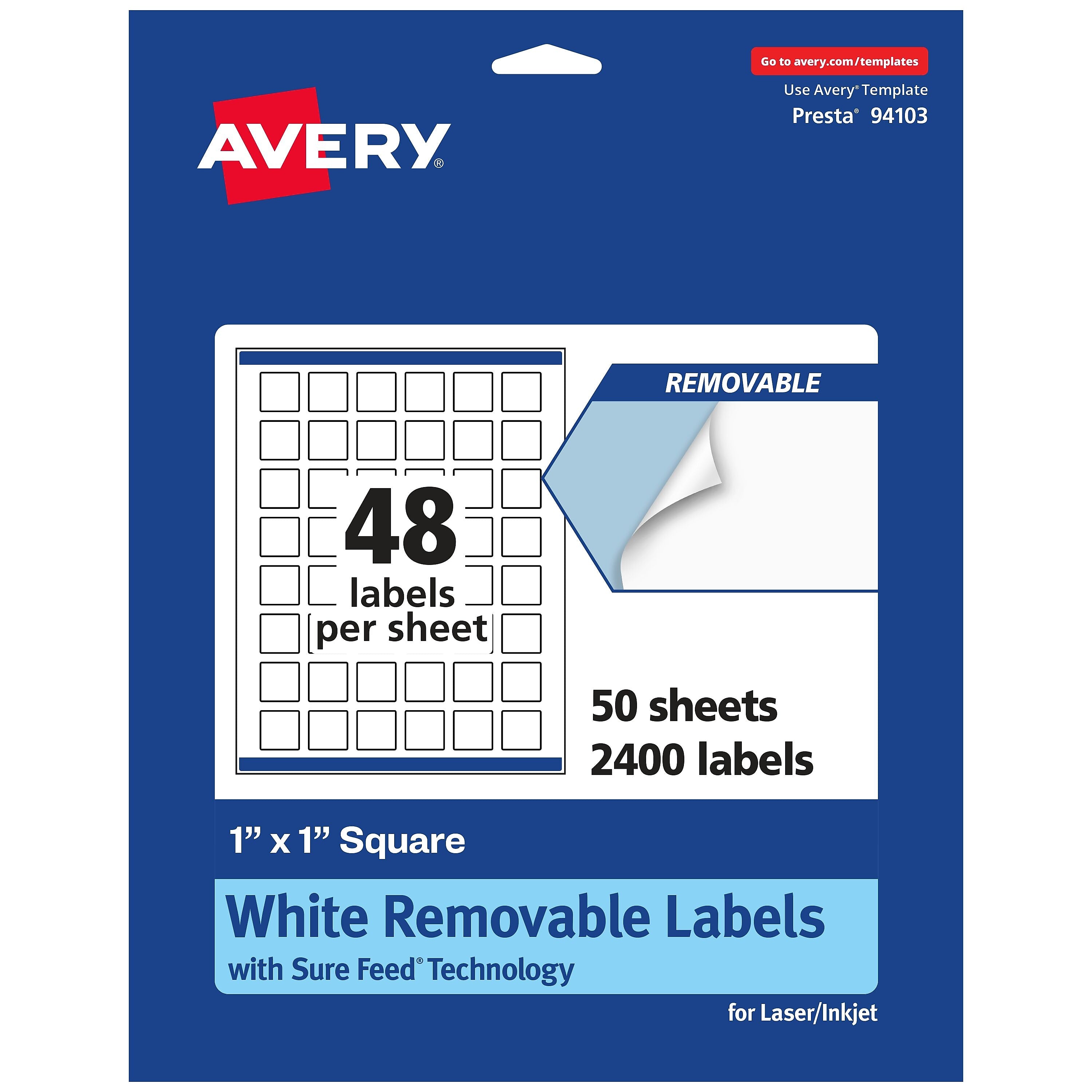 Avery Laser/Inkjet Square Removable Labels, 1" x 1", White, 2400 Labels/Box (94103)