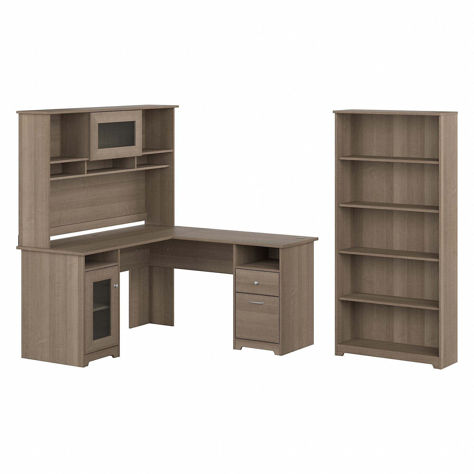 Bush Furniture Cabot 60"W L-Shaped Desk with Hutch and 5-Shelf Bookcase, Ash Gray (CAB011AG)