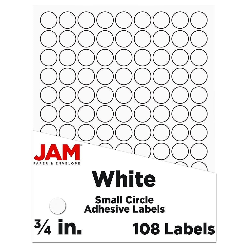 JAM Paper Laser/Inkjet Round Multipurpose Labels, 0.75" Dia, White, 108/Pack (3147612190)