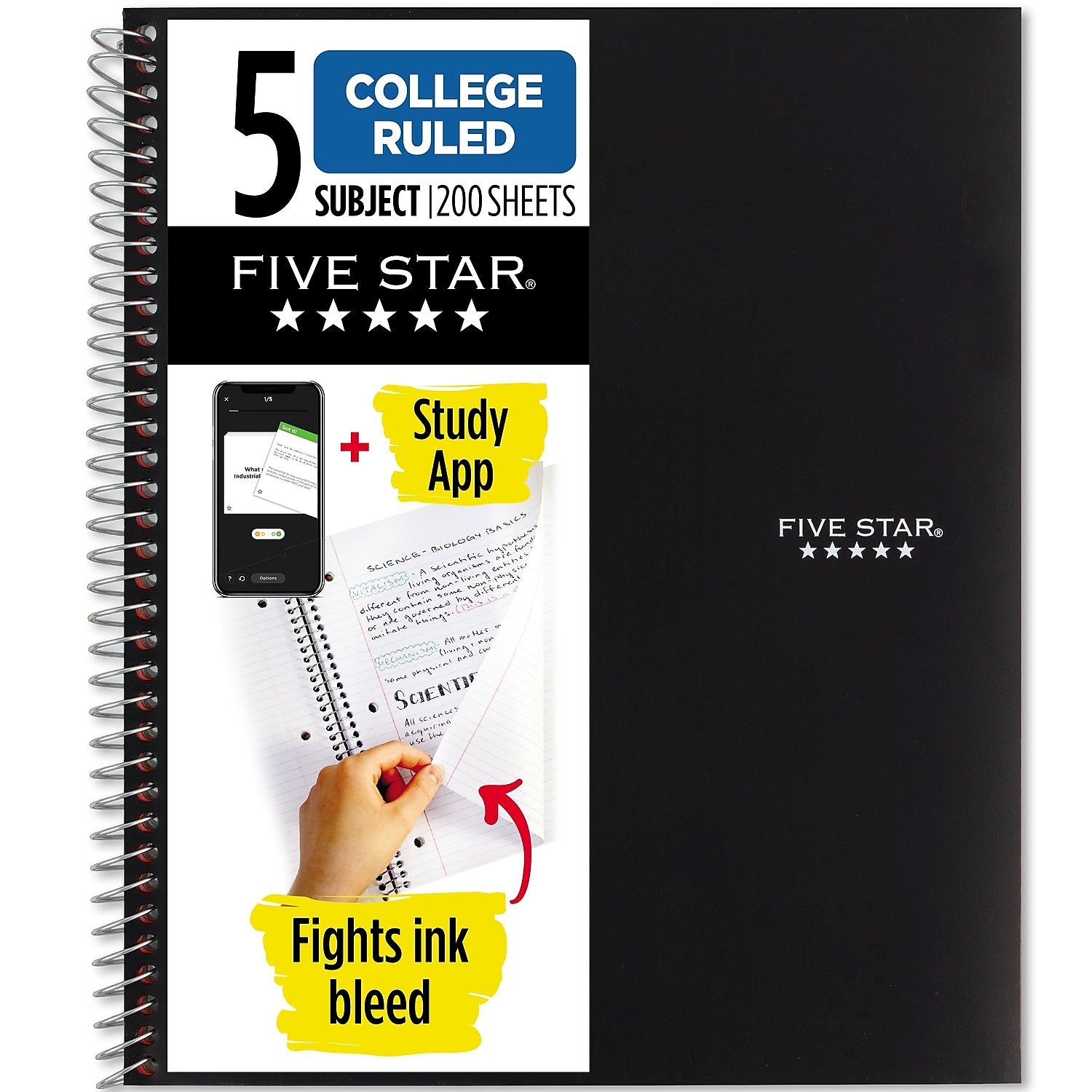 Five Star 5-Subject Subject Notebook, 8.5" x 11", College Ruled, 200 Sheets, Black (72081)