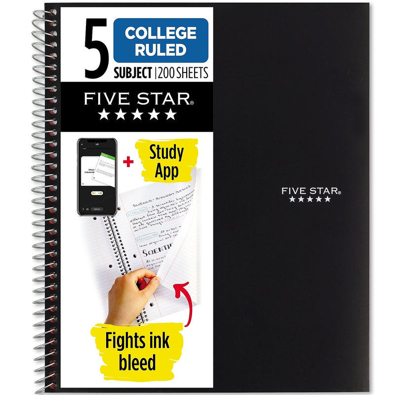Five Star 5-Subject Subject Notebook, 8.5" x 11", College Ruled, 200 Sheets, Black (72081)