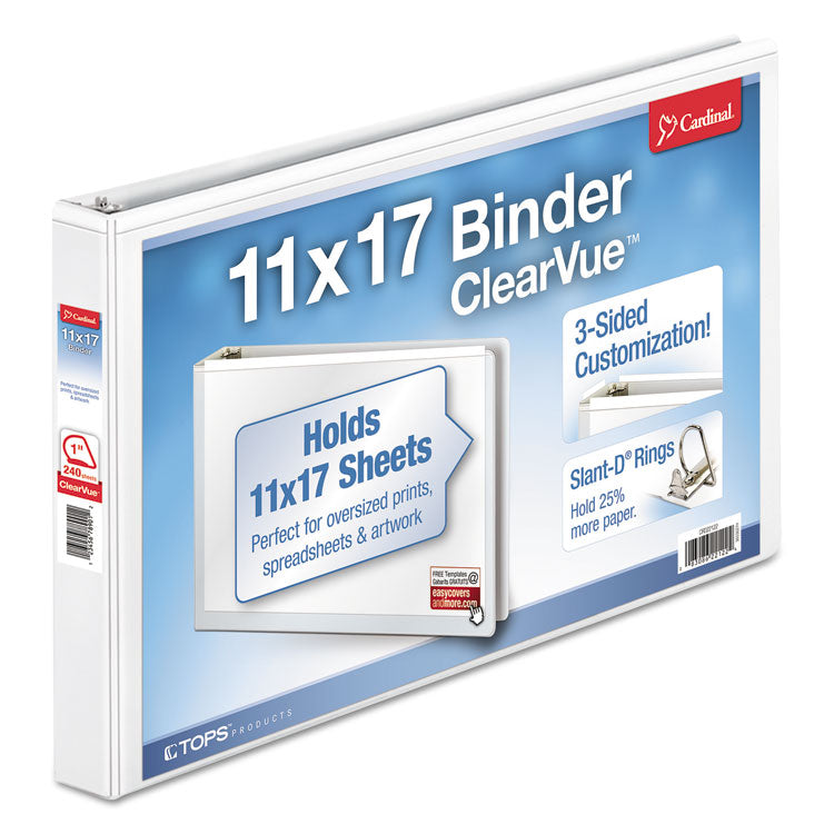 Clearvue Slant-D Ring Binder, 3 Rings, 1" Capacity, 11 X 17, White
