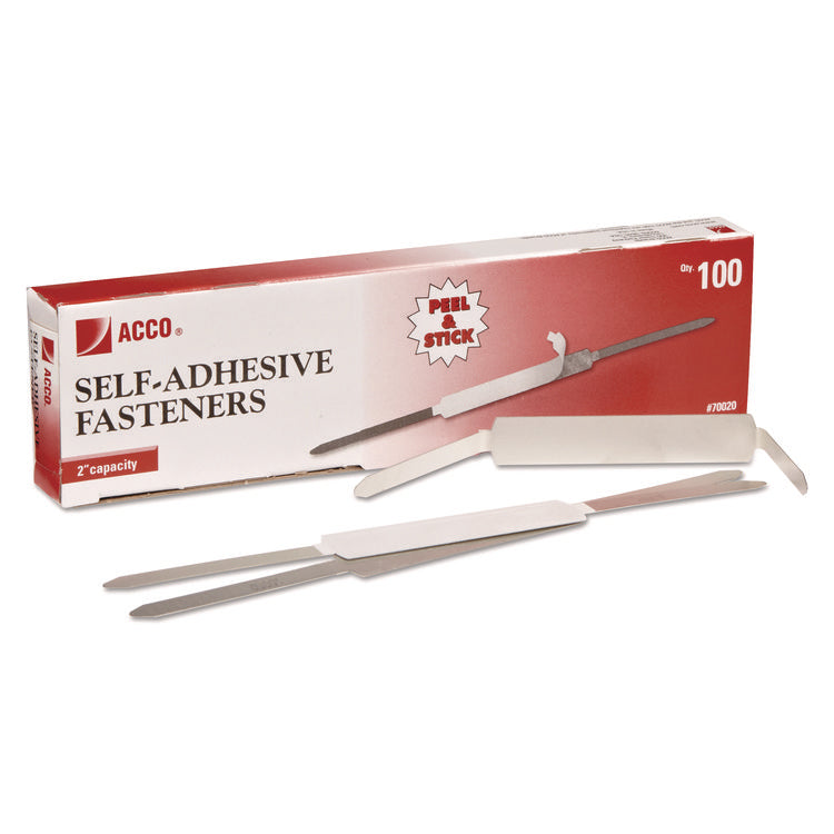 Self-Adhesive Two-Prong Paper Fastener Bases, 2" Capacity, 2.75" Center to Center, Matte Steel, 100/Box