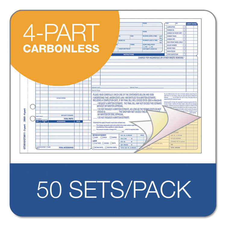 Auto Repair Four-Part Order Form, Four-Part Carbonless, 11 x 8.5, 50 Forms Total