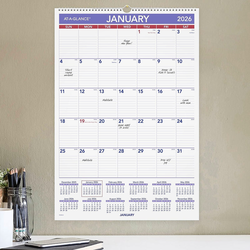 2026 AT-A-GLANCE 15.5" x 22.75" Monthly Dry Erase Wall Calendar, White/Purple (PMLM03-28-26)