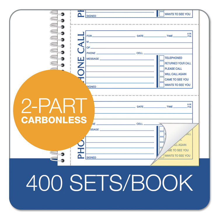 Second Nature Phone Call Book, Two-Part Carbonless, 5 x 2.75, 4 Forms/Sheet, 400 Forms Total