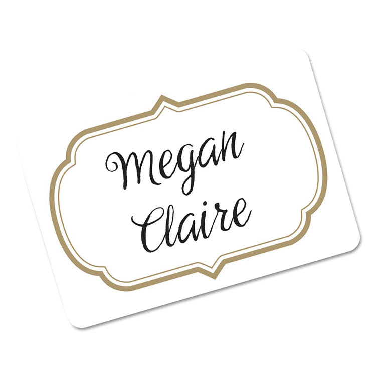 Flexible Adhesive Name Badge Labels, 3 3/8 X 2 1/3, White/gold Border, 120/pk