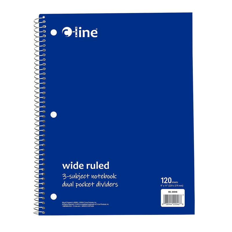 C-Line 3-Subject Notebooks, Wide Ruled, 120 Sheets, Assorted Colors, 3/Bundle (CLI22046-3)