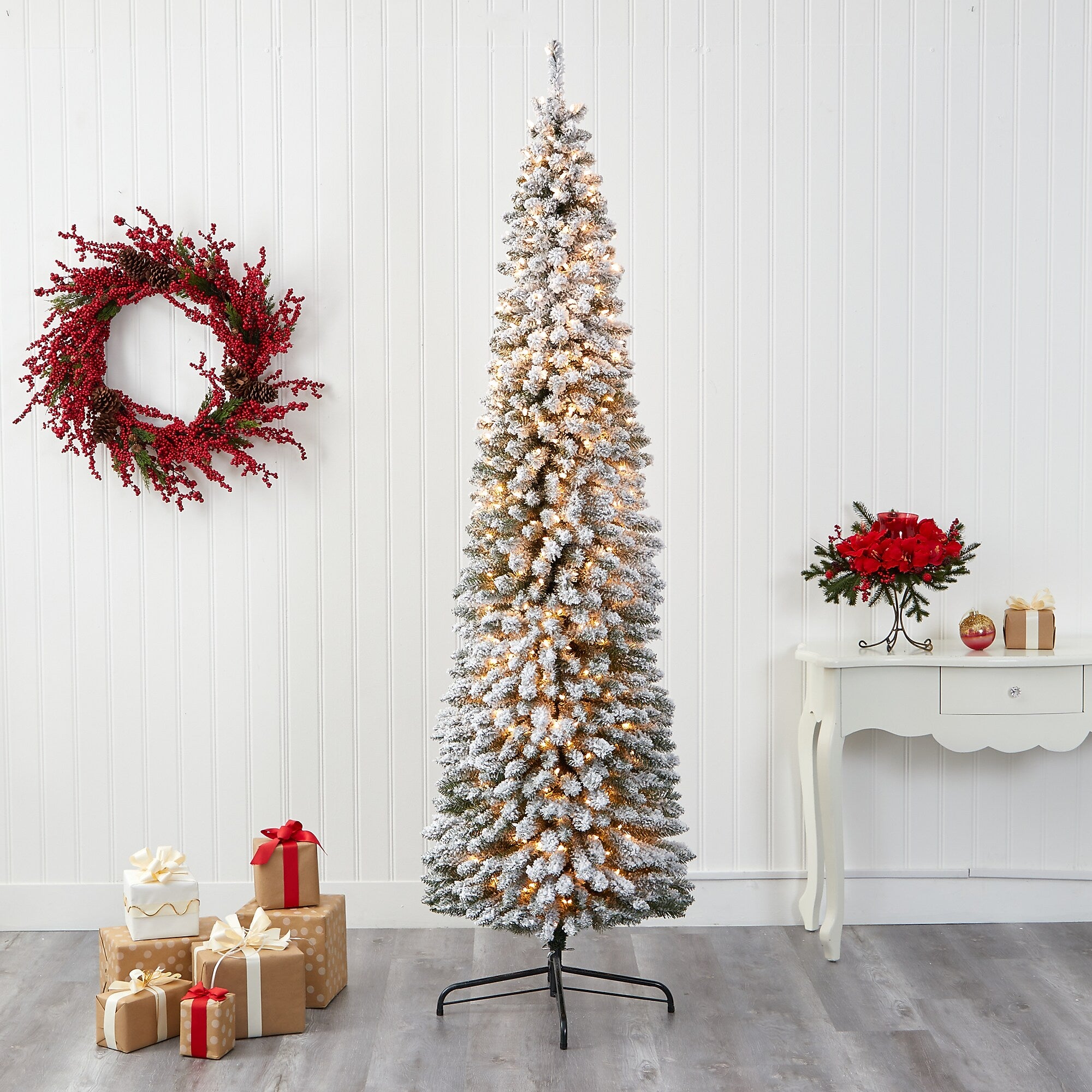 Nearly Natural 8-ft Flocked Pencil Artificial Christmas Tree with 500 Clear Lights and 646 Bendable Branches (T1908)
