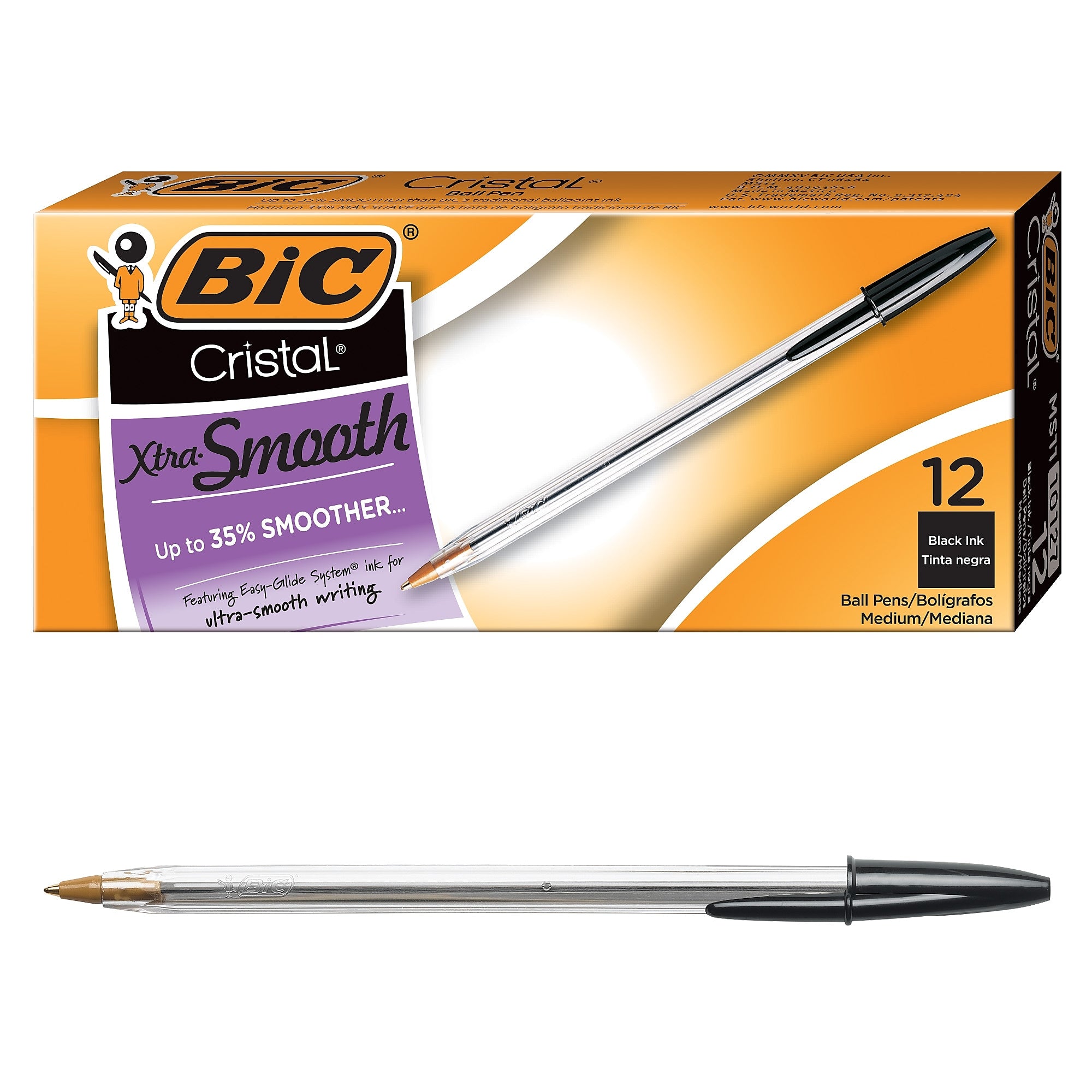 BIC Cristal Xtra Smooth Ballpoint Pens, Medium Point, 0.1mm, Black Ink, Dozen (MS11BK)
