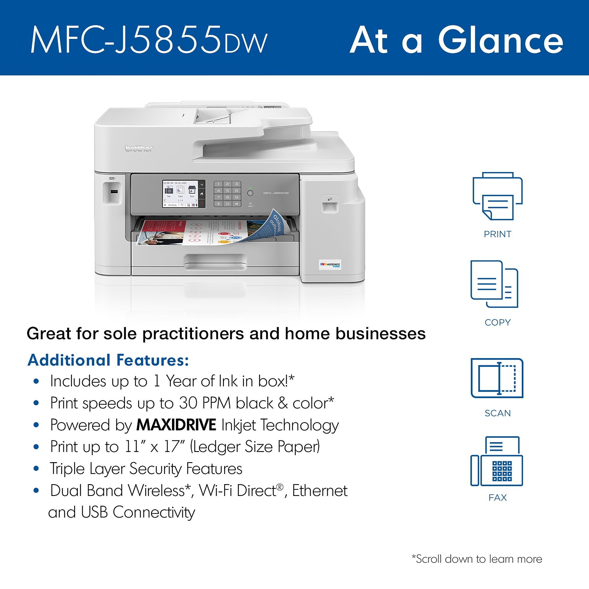 Brother INKvestment Tank MFC-J5855DW Wireless Color Inkjet Printer, All-In-One Supertank, Print, Scan, Copy, Fax