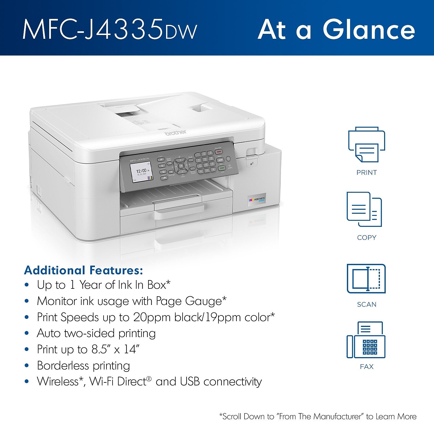 Brother INKvestment Tank MFC-J4335DW Wireless Color Inkjet Printer, All-In-One Supertank, Print, Scan, Copy, Fax