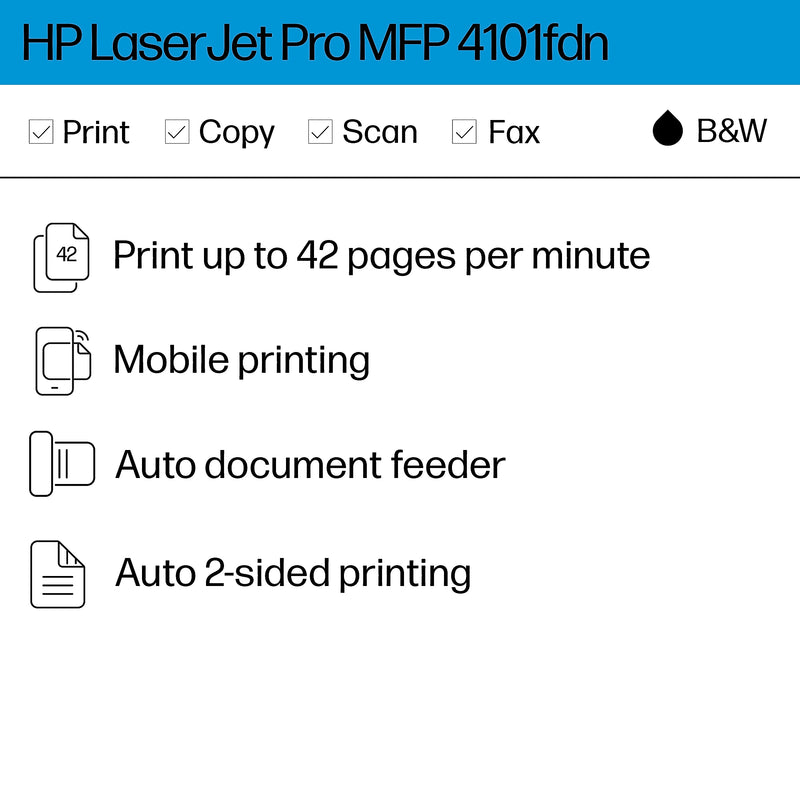 HP LaserJet Pro MFP 4101fdn Wired Black & White Laser Printer, All-In-One Print, Copy, Scan, Fax, Best for Office (2Z618F)