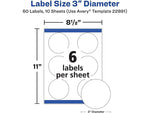 Avery Sure Feed Laser/Inkjet Round Labels, 3" Dia, Glossy White, 60 Labels/Pack (22891)