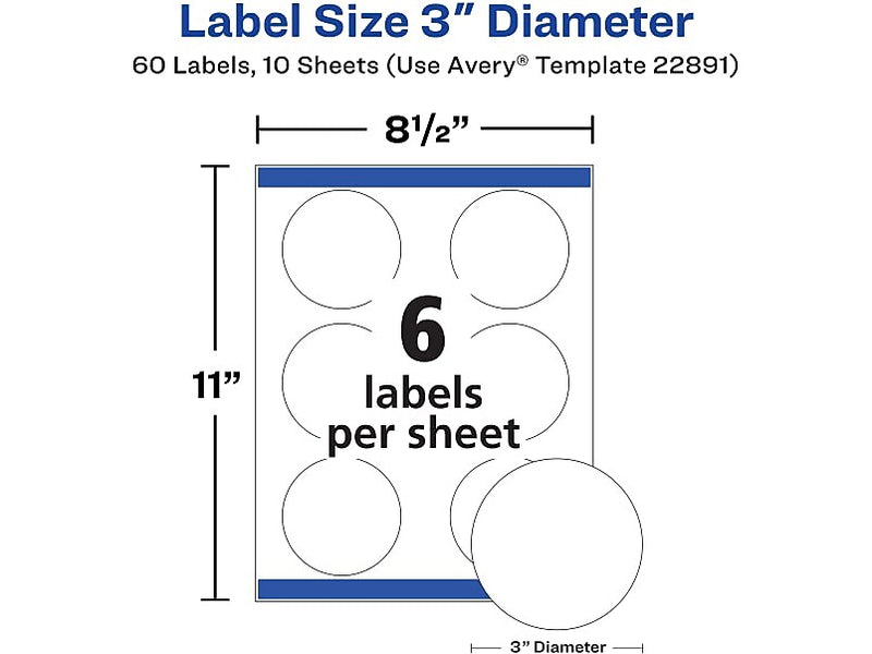 Avery Sure Feed Laser/Inkjet Round Labels, 3" Dia, Glossy White, 60 Labels/Pack (22891)