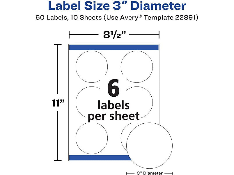 Avery Sure Feed Laser/Inkjet Round Labels, 3" Dia, Glossy White, 60 Labels/Pack (22891)