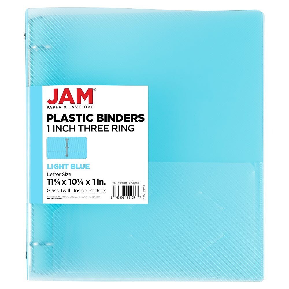 JAM Paper 1" 3-Ring Flexible Poly Binder, Light Blue (PB75239LB)