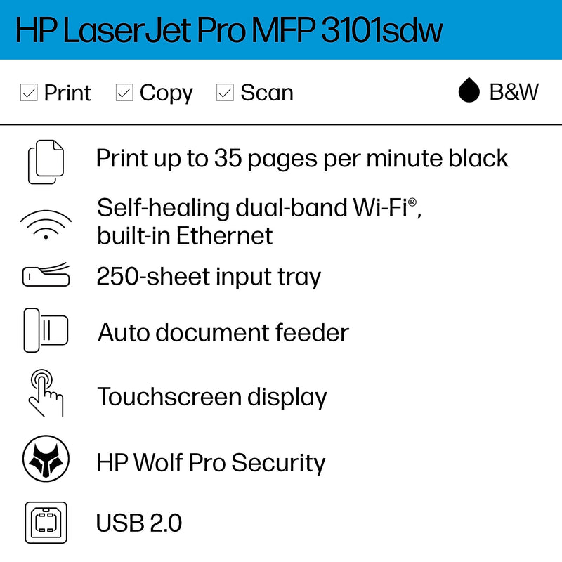 HP LaserJet Pro MFP 3101sdw Wireless Black & White All-in-One Laser Printer, Scanner, Copier, Best for Office (9D2X4F)