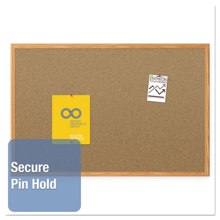 Economy Cork Board with Oak Frame, 48" x 36", Tan Surface, Oak Finished Fiberboard (MDF) Frame