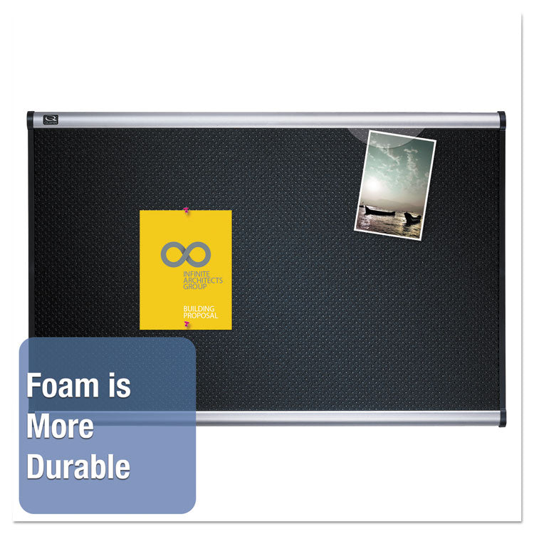 Prestige Black Embossed Foam Bulletin Board, 48" x 36", Black Surface, Silver Aluminum/Plastic Frame