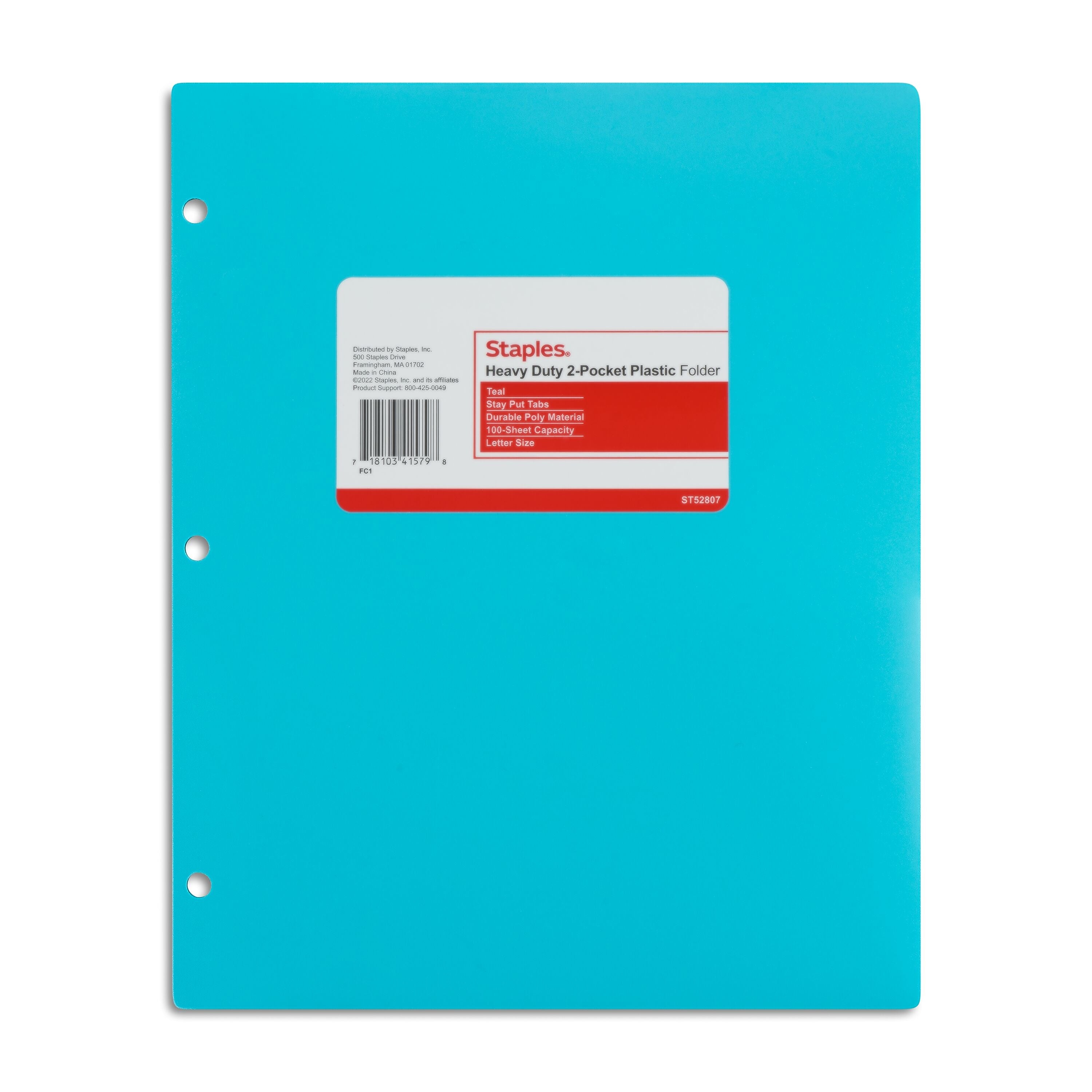 Staples 3-Hole Punched 2-Pocket Plastic Portfolio Folder, Teal (52807)