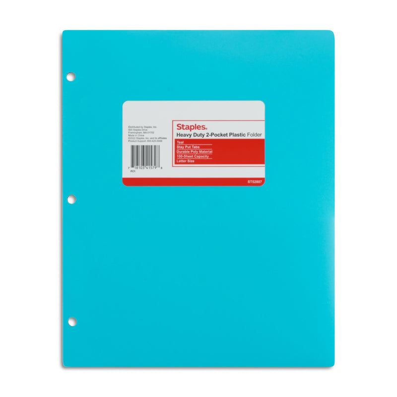 Staples 3-Hole Punched 2-Pocket Plastic Portfolio Folder, Teal (52807)