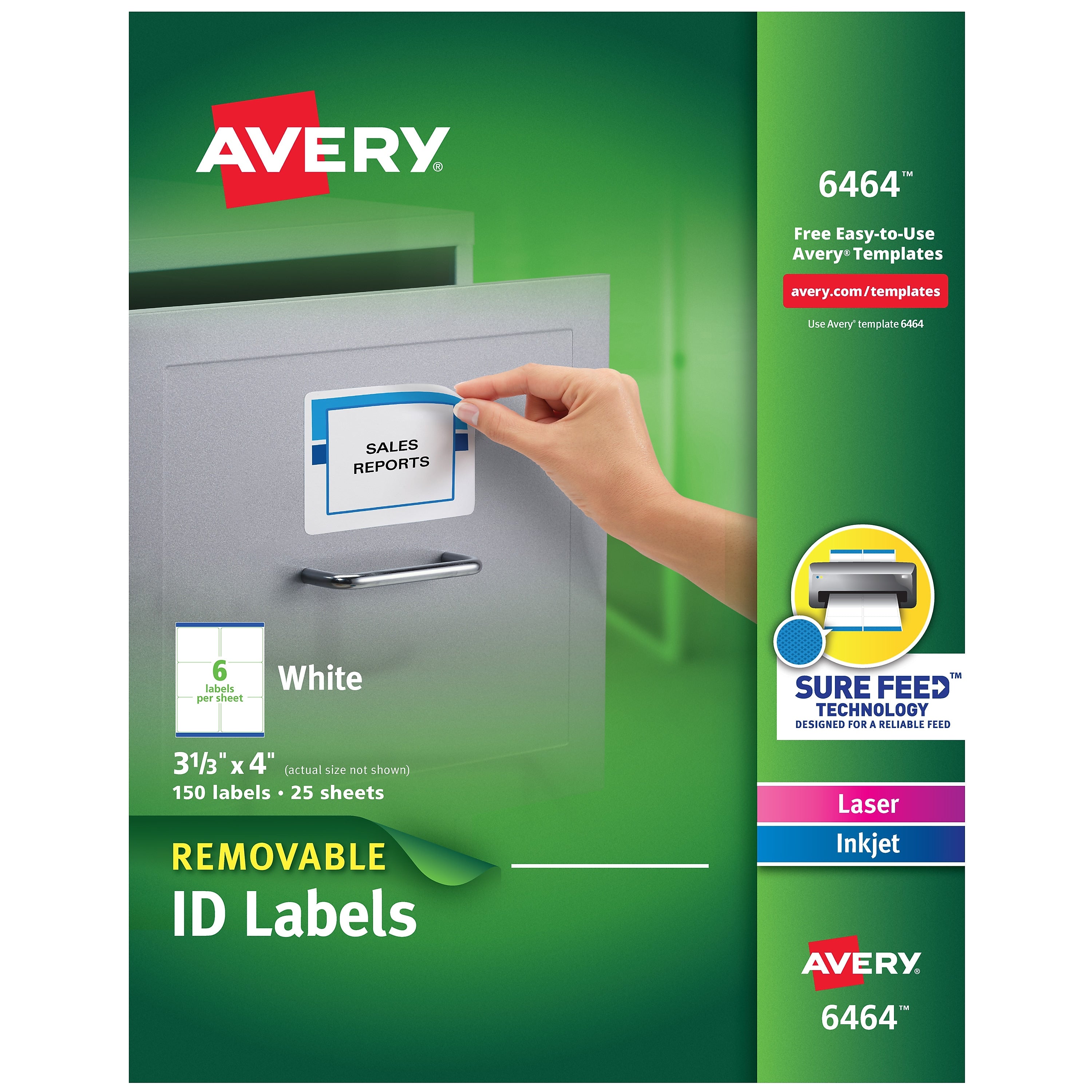 Avery Sure Feed Laser/Inkjet ID Labels, 3-1/3" x 4", White, 150 Labels/Pack (6464)