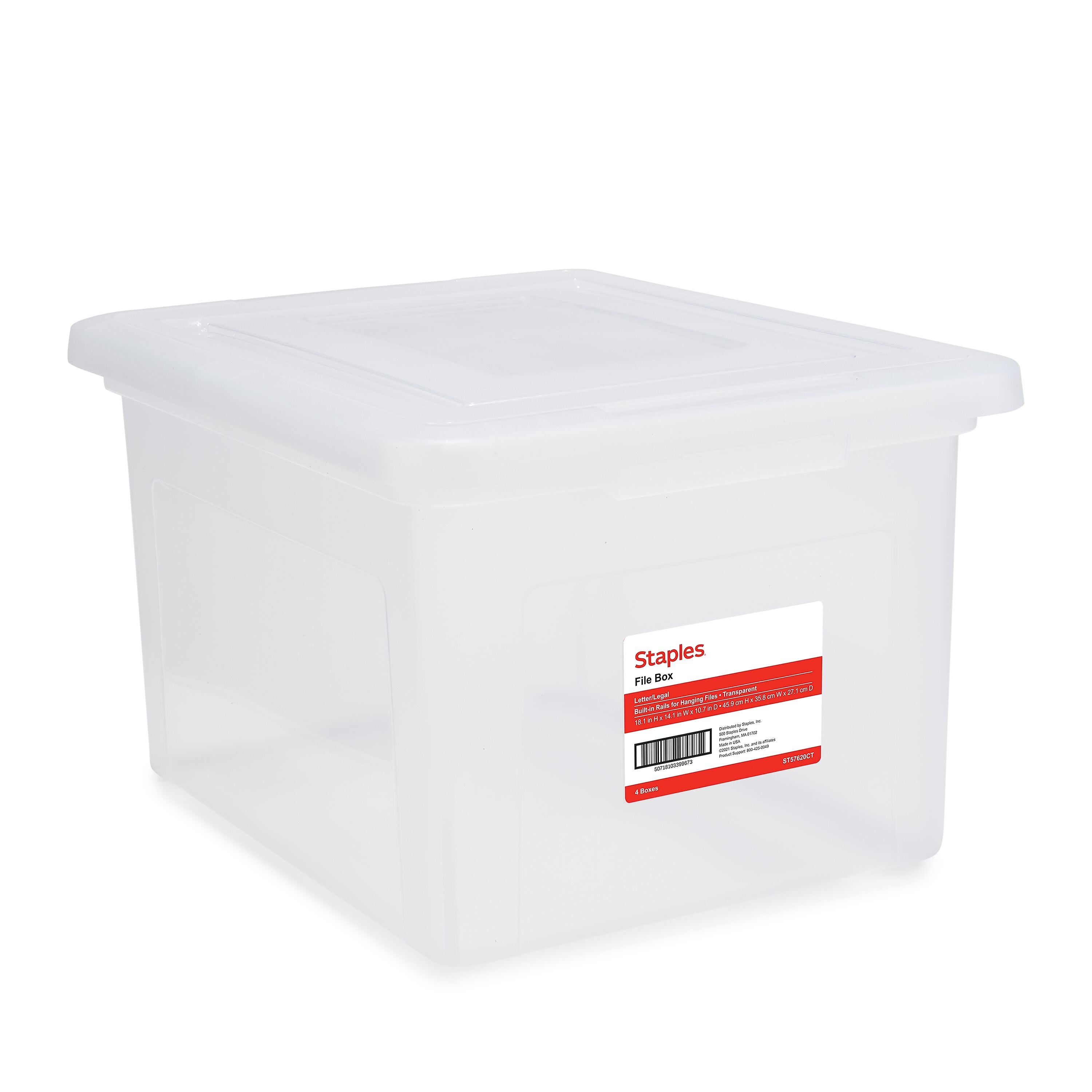 Staples Plastic File Box with Snap Lid, Letter/Legal Size, Clear, 4/Carton (TR57620CT)