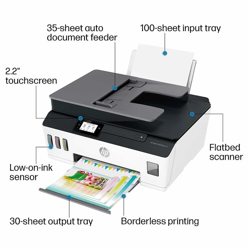 HP Smart Tank Plus 651 Wireless Color All-in-One Ink Tank, Print, Scan, Copy, 2 Years of Ink Included (7XV38A)