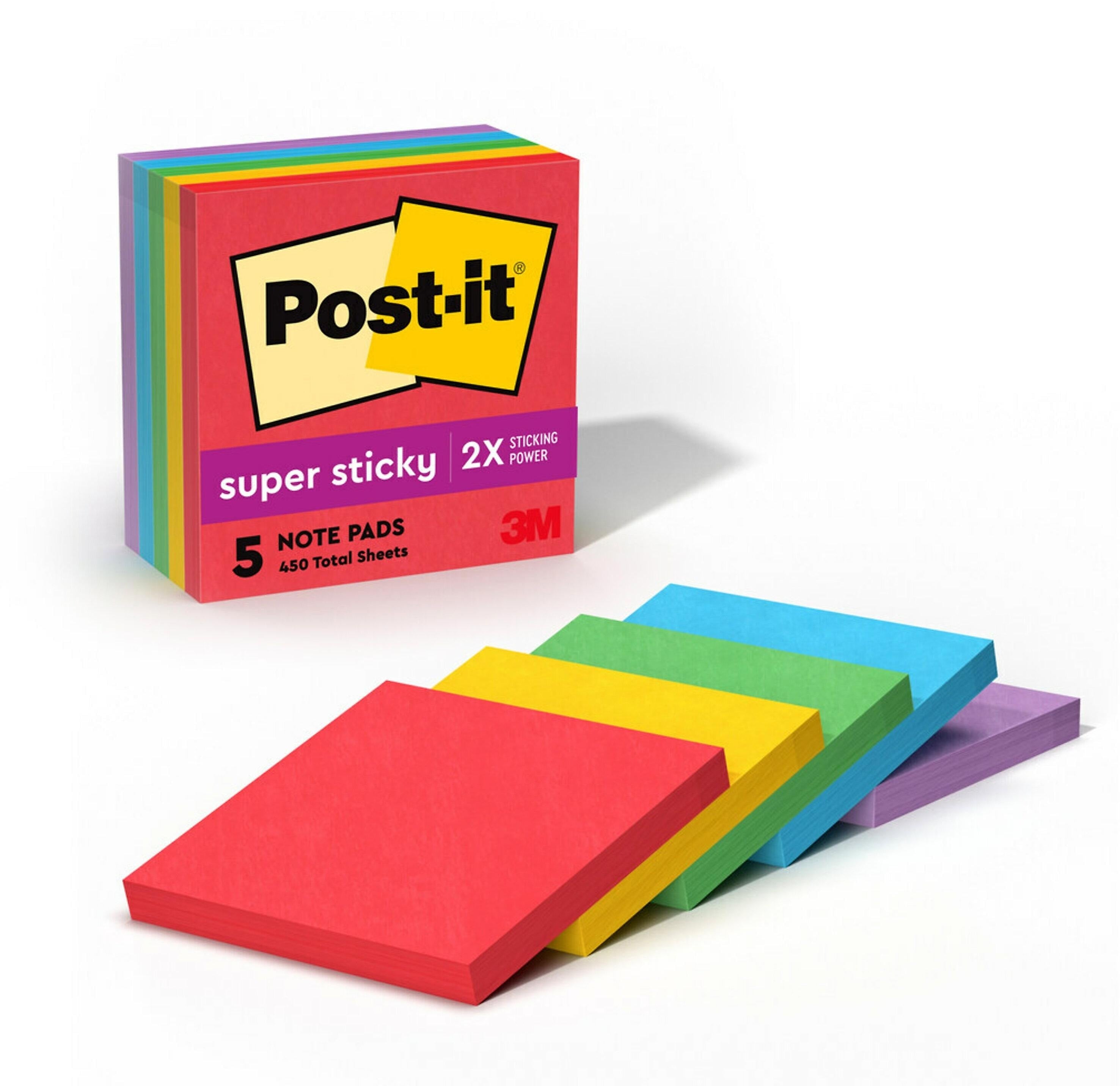 Post-it Super Sticky Notes, 3" x 3", Playful Primaries Collection, 90 Sheet/Pad, 5 Pads/Pack (654-5SSAN)