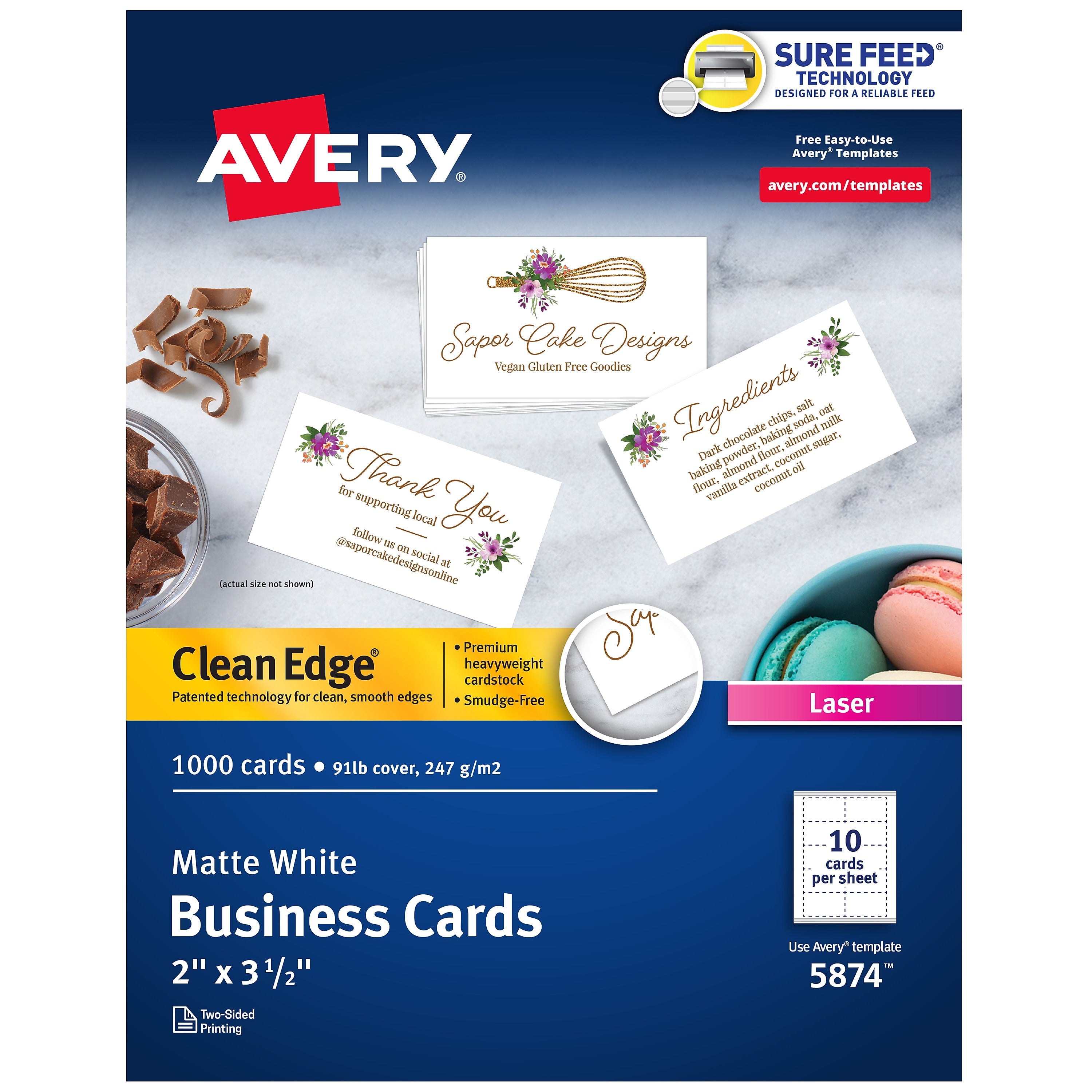 Avery Clean Edge Business Cards, 2" x 3 1/2", Matte White, 1000 Per Pack (5874)