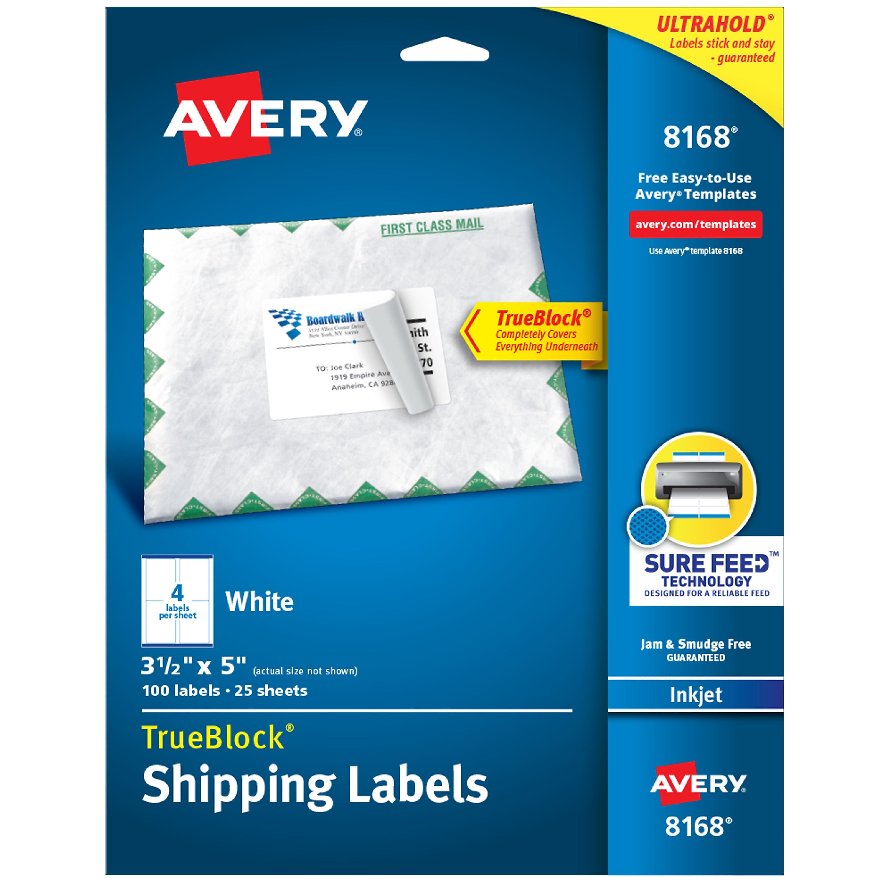 Avery TrueBlock Inkjet Shipping Labels, 3-1/2" x 5", White, 100 Labels/Pack (8168)