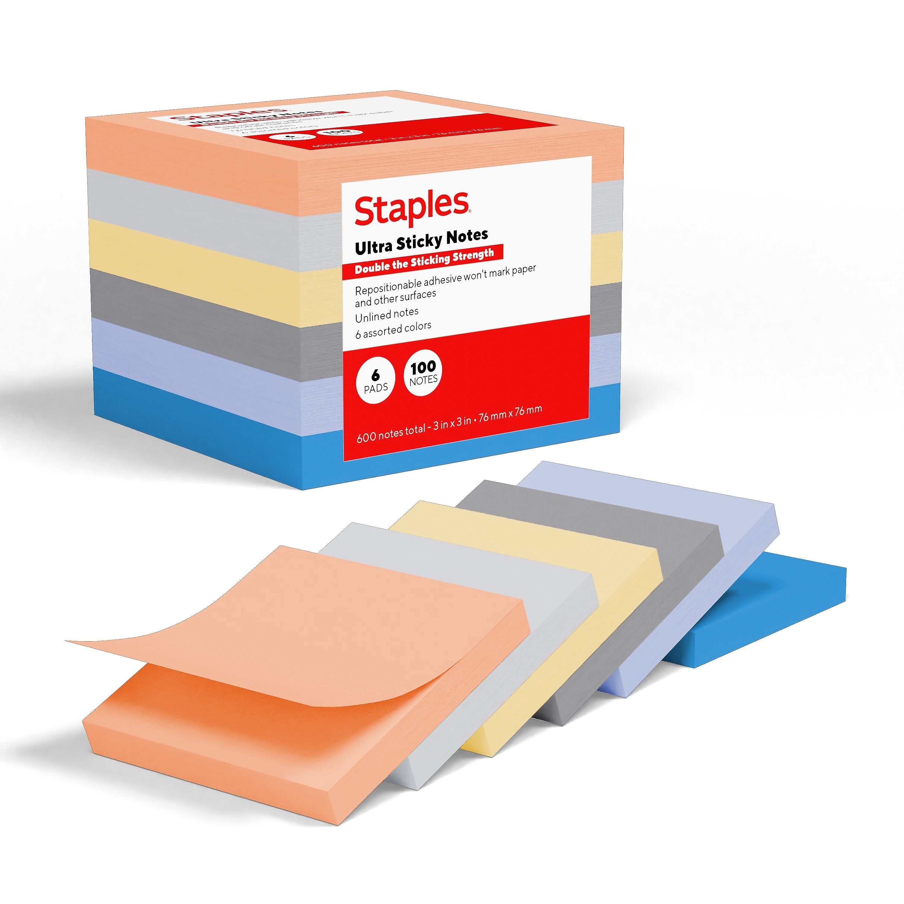 Staples Ultra Sticky Notes, 3" x 3", Stardust Collection, 100 Sheets/Pad, 6 Pads/Pack (ST62883)