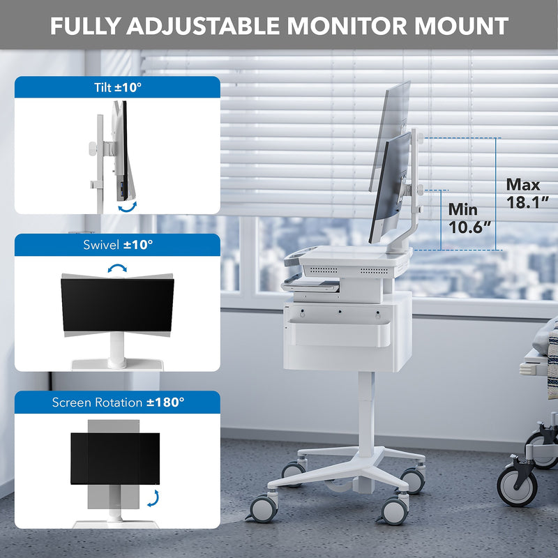 Mount-It! MedHub Mobile Medical Cart Workstation with Drawers, Monitor Mount, and Locking Caster Wheels, White/Grey (MI-16025)
